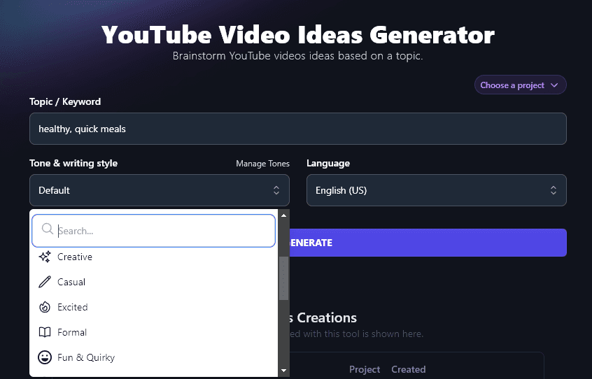 Selecting a Tone & Writing Style for the AI YouTube Video Ideas Generator