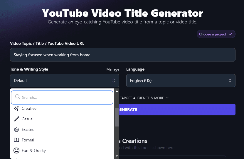 Selecting Your Tone and Writing Style for the AI YouTube Video Title Generator