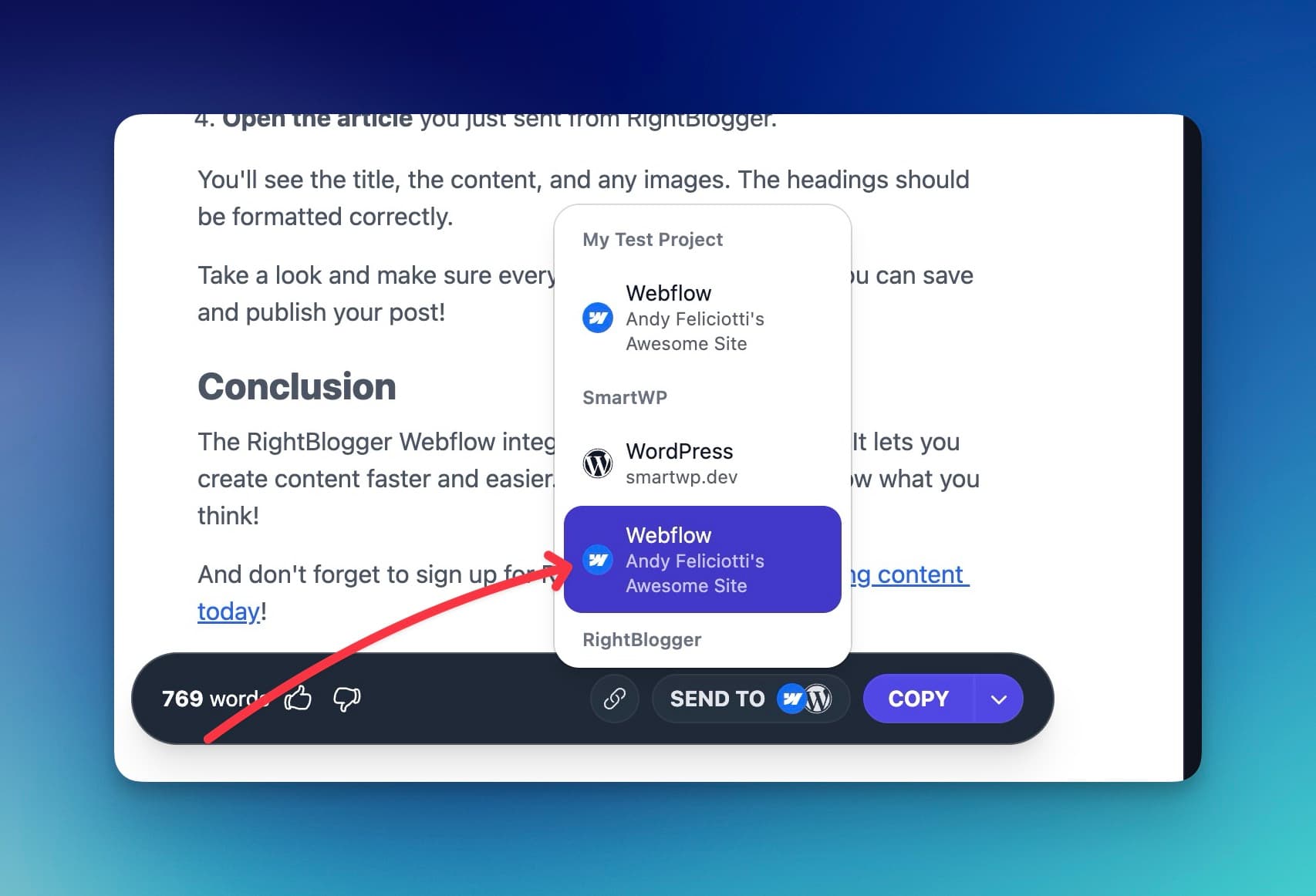 Send to Webflow in RightBlogger