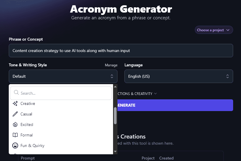 Selecting a Tone & Writing Style in the Acronym Generator