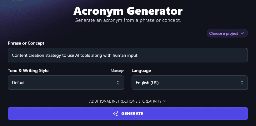 Entering a Phrase or Concept for Your Acronym in the Acronym Generator Tool