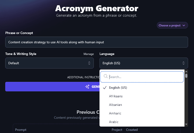 Using the Language Dropdown in the Acronym Generator