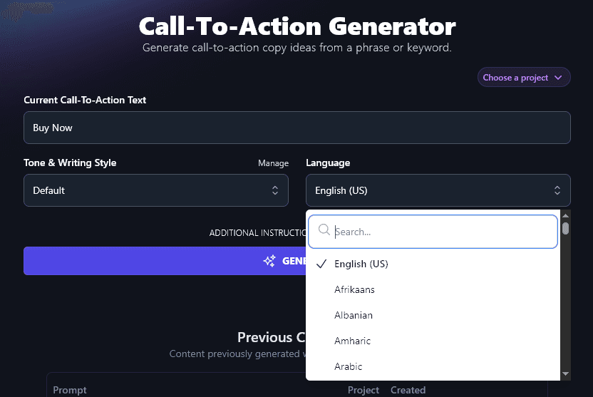Selecting a Language for the Call-to-Action Generator