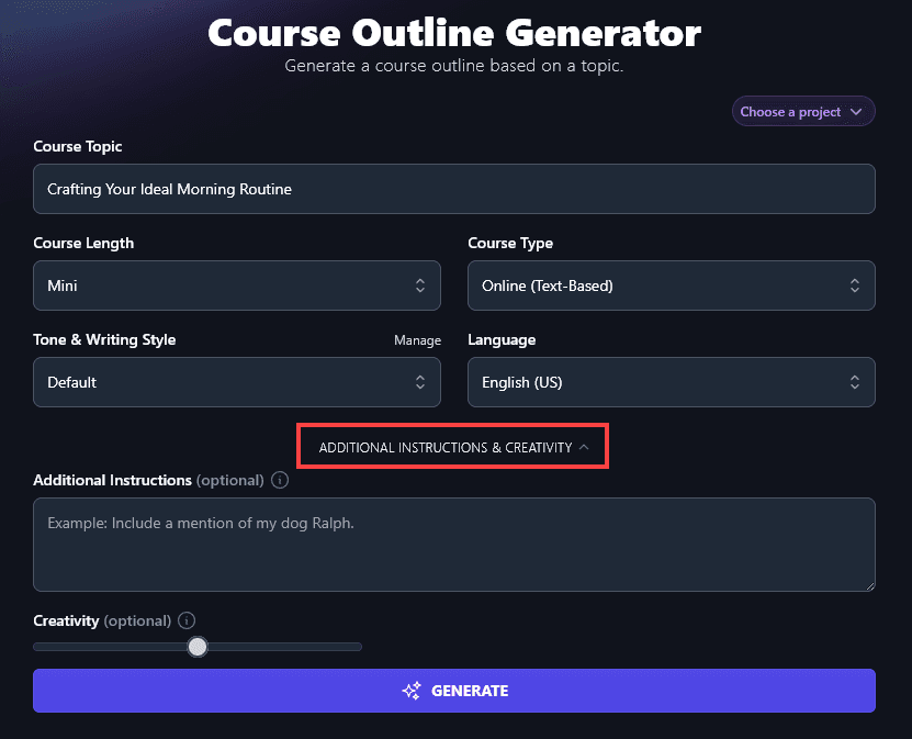 The Link to Open Up the Advanced Options in the Course Outline Generator