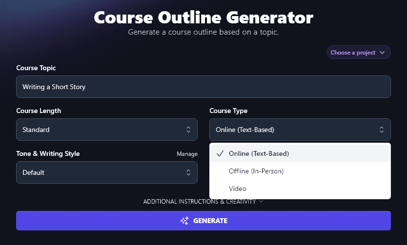 Selecting the Type of Course You're Creating the Course Outline Generator Tool
