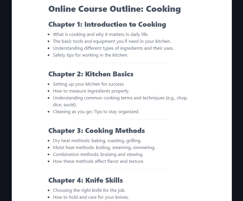 An Outline Produced for the Very General Topic 'Cooking'