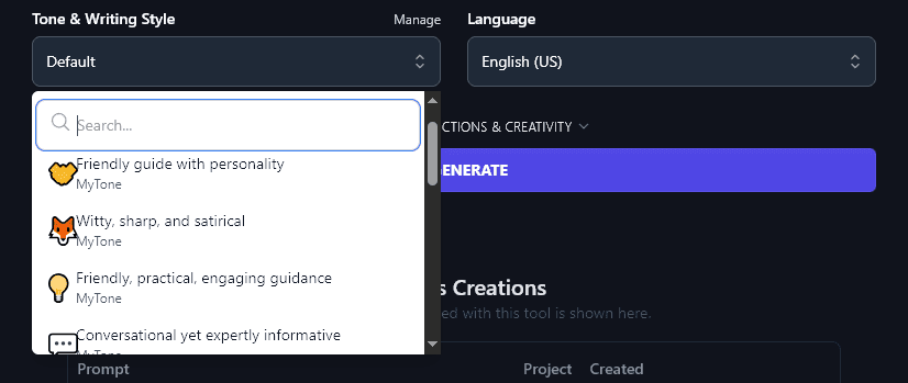 Selecting a MyTone from the Tone & Writing Style Dropdown in the Course Outline Generator