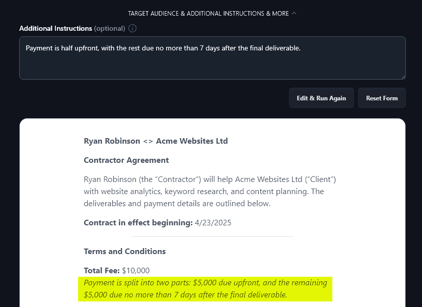 The AI Has Incorporated the Additional Information Into the Generated Contract