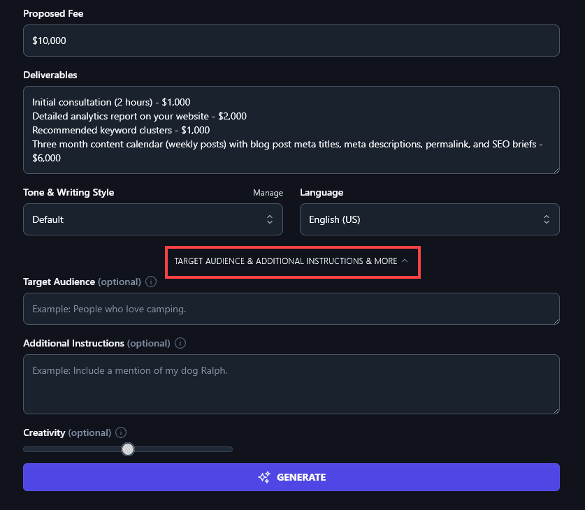 The Target Audience & Additionals Instructions & More Link (Indicated in Red) to Open the Advanced Options for the Freelance Contract Generator