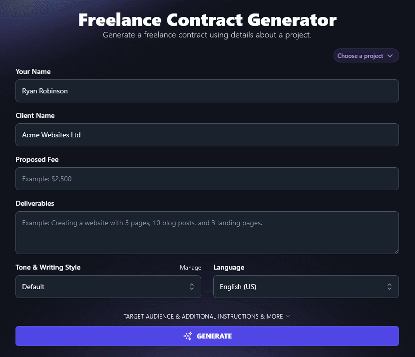 Entering Your Client's Name Into the Freelance Contract Generator