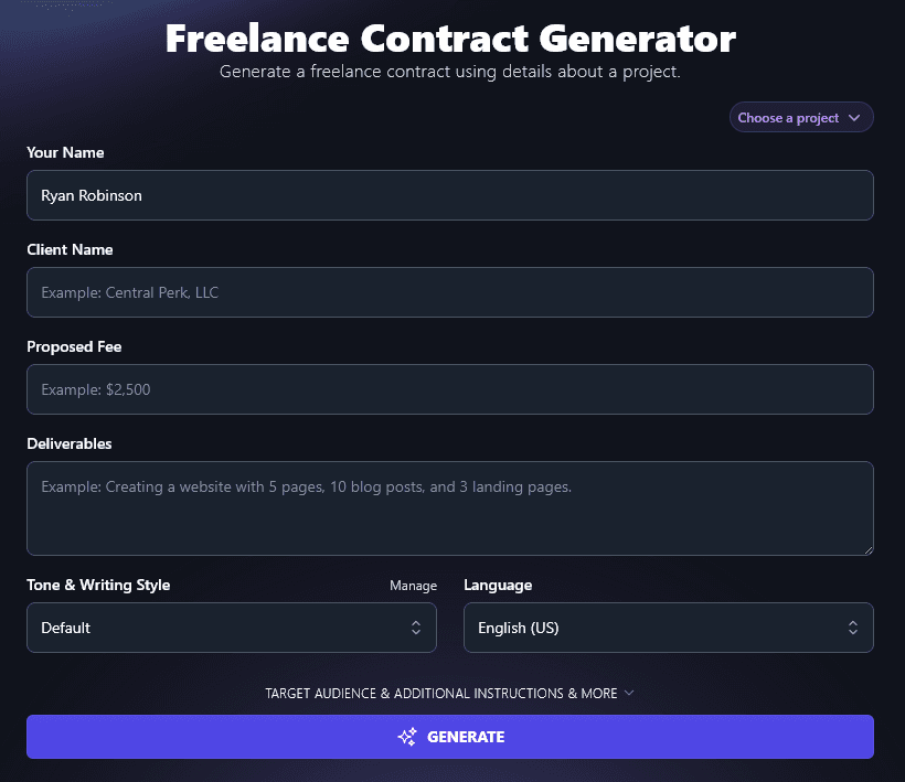 Entering Your Name Into the Freelance Contract Generator