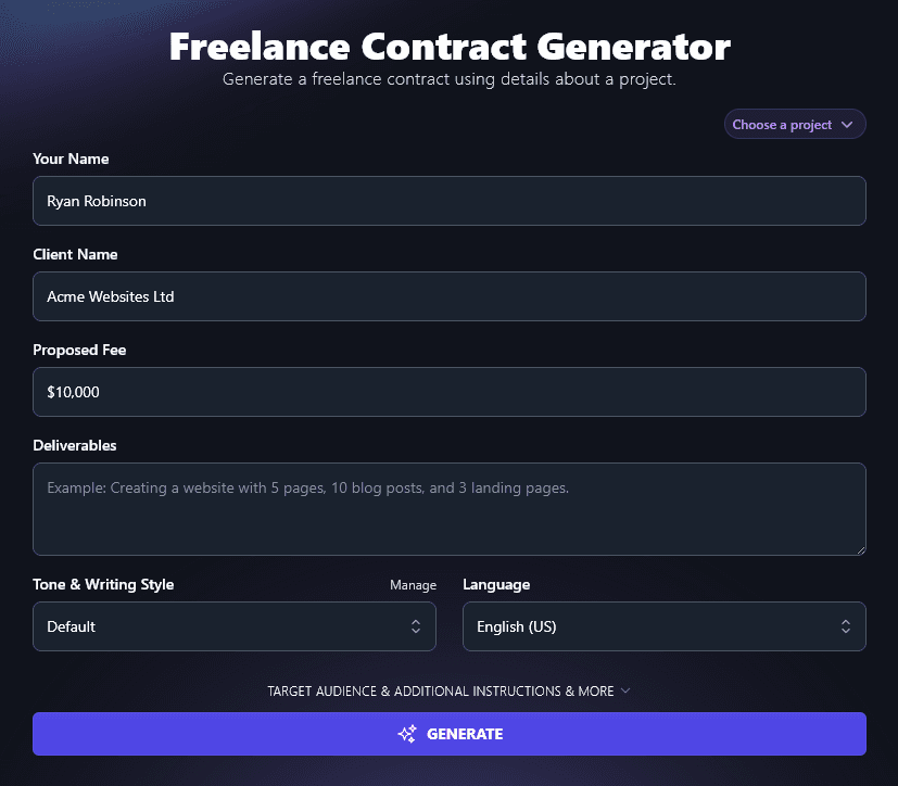 Entering Your Proposed Fee into the Freelance Contract Generator (Total Fee for Whole Project)