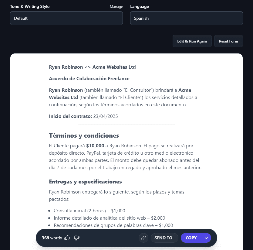 A Contract Written in Spanish by the Freelance Contract Generator