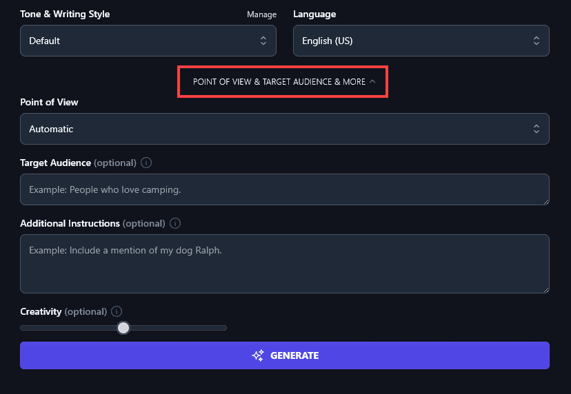 The Point of View & Target Audience & More Link (Click to Open the Advanced Options for the Freelance Proposal Tool)