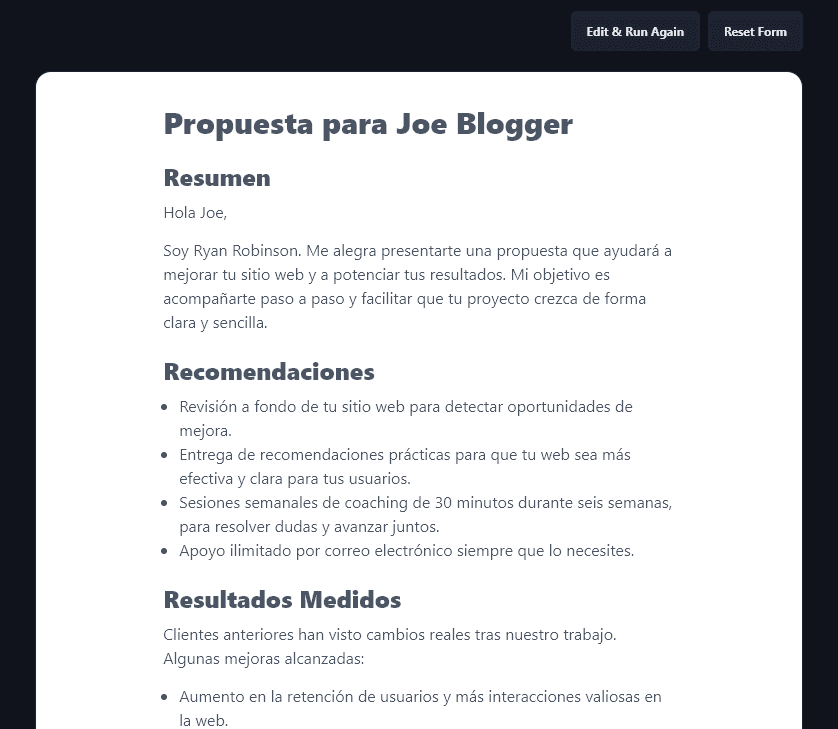 A Freelance Proposal Generated in Spanish