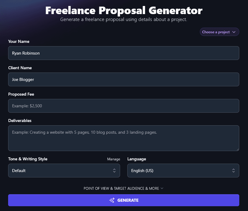 Entering Your Client's Name into the Freelance Proposal Generator
