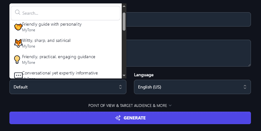 A List of MyTone Options in the Tone & Writing Style Dropdown