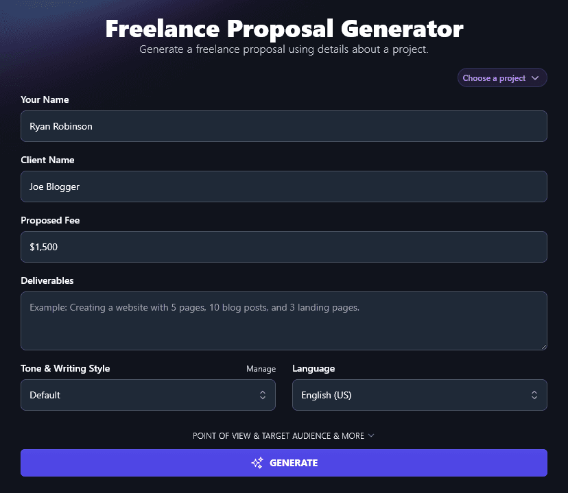 Entering the Fee for Your Work, in the Freelance Proposal Generator Tool