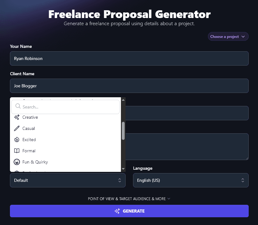 Selecting a Preset Tone & Writing Style From the Dropdown in the Freelance Proposal Generator