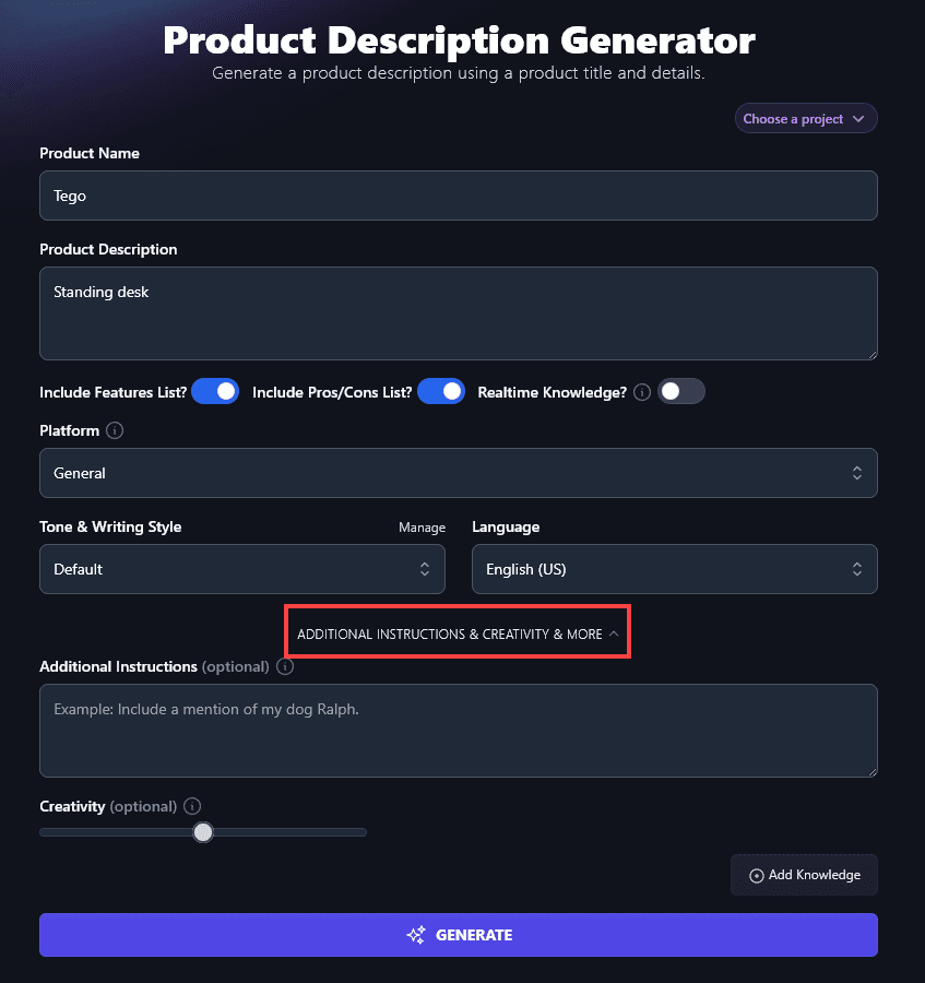 Using the Link to Open Up the Advanced Options in the Product Description Generator