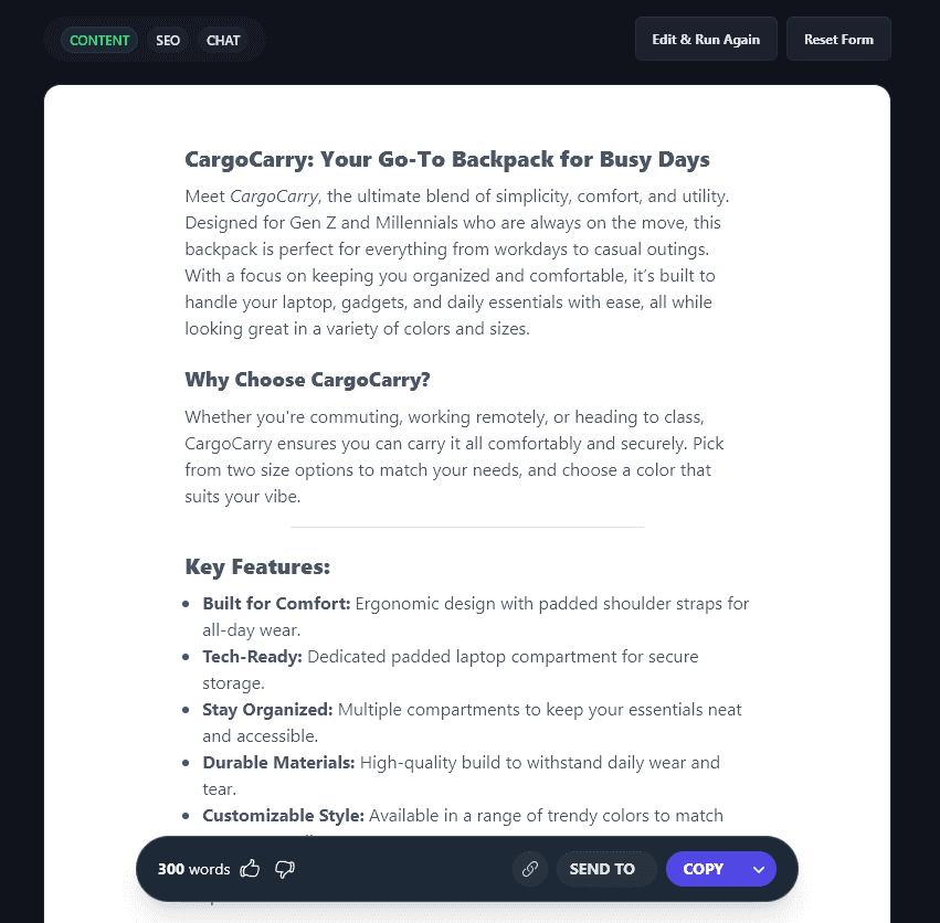 The Generated Product Description (Include Subheadings and Bullet Points)