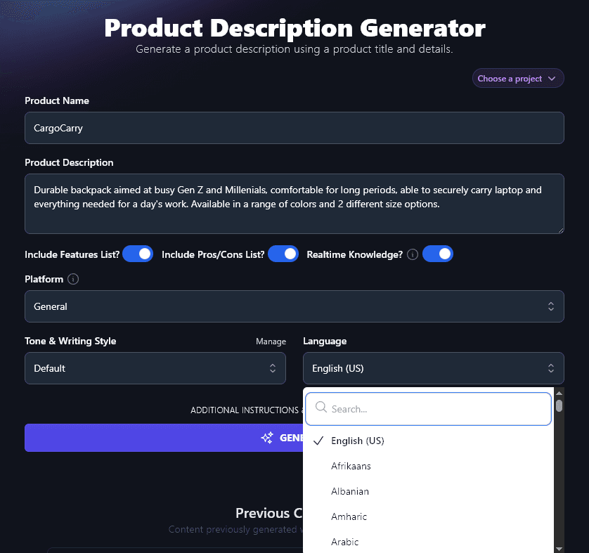 Selecting Your Preferred Language for Your Product Description