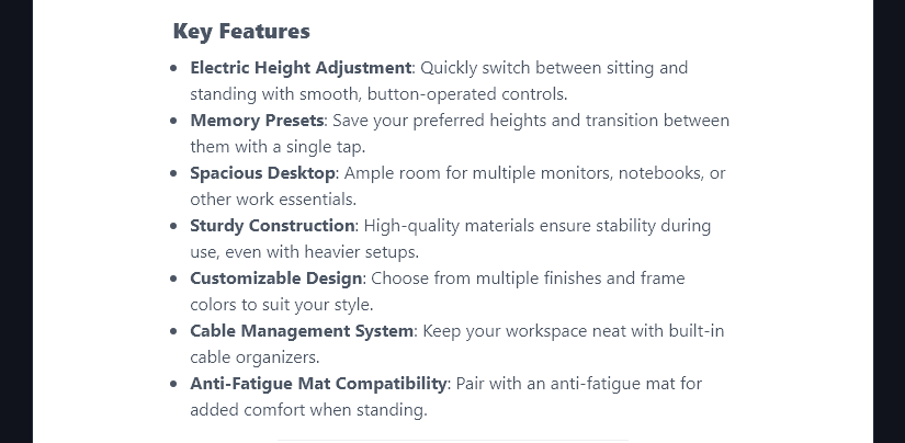 A List of Key Features, Formatted as Bullet Points by the Product Description Generator