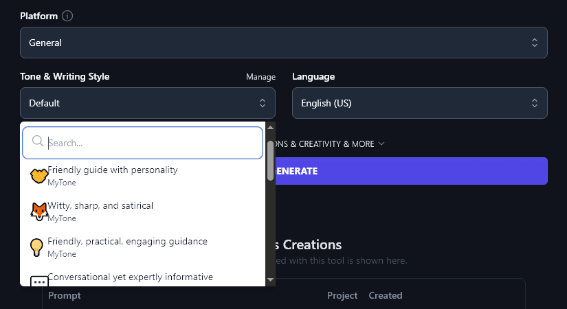 Selecting a MyTone from the Tone & Writing Style Dropdown in RightBlogger