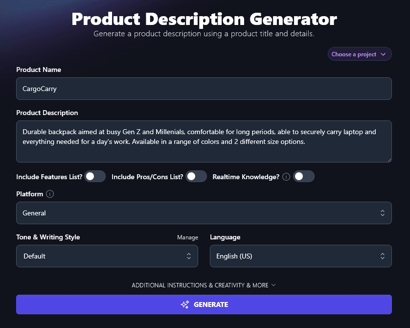 Adding a General Description of Your Product for the Product Description Generator