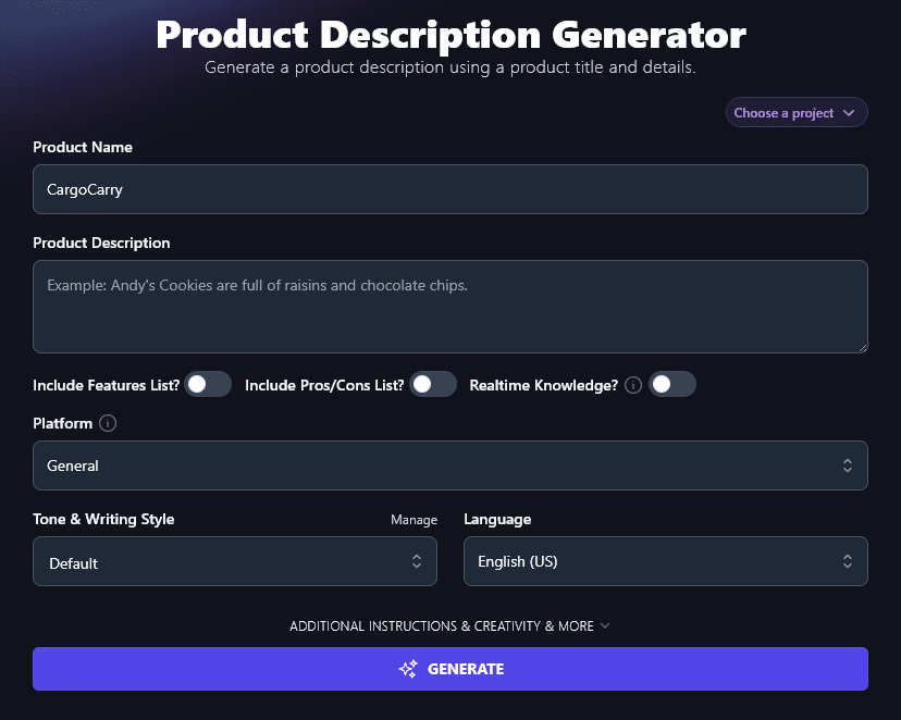 Entering the Name of Your Product into the Product Description Generator