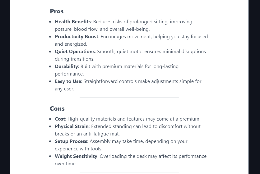 A Pros and Cons List, Formatted with Subheadings and Bullet Points by the AI Product Description Generator