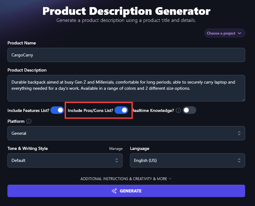 Selecting to Include a Pros and Cons List in Your Product Description
