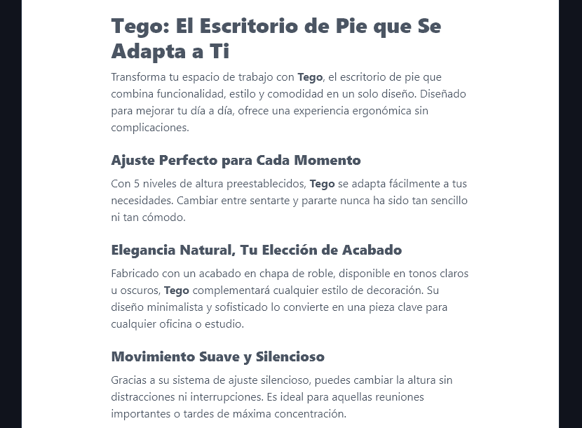 A Spanish Product Description Produced by the Product Description Generator