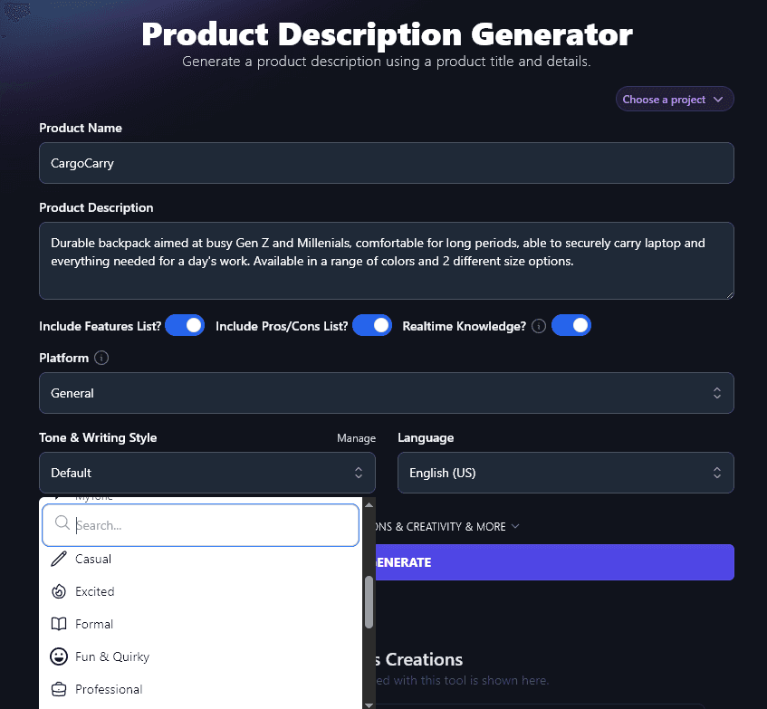 Choosing Your Tone & Writing Style for the Product Description Generator Tool