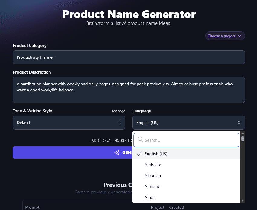 Using the Language Dropdown in the Product Name Generator