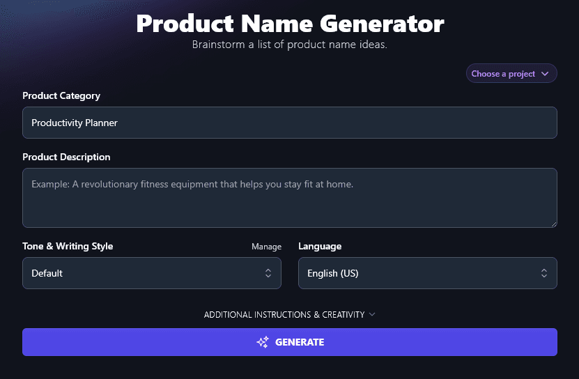 Entering a Product Category in the Product Name Generator