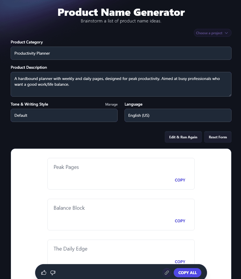 The List of Generated Names Created by the Product Name Tool
