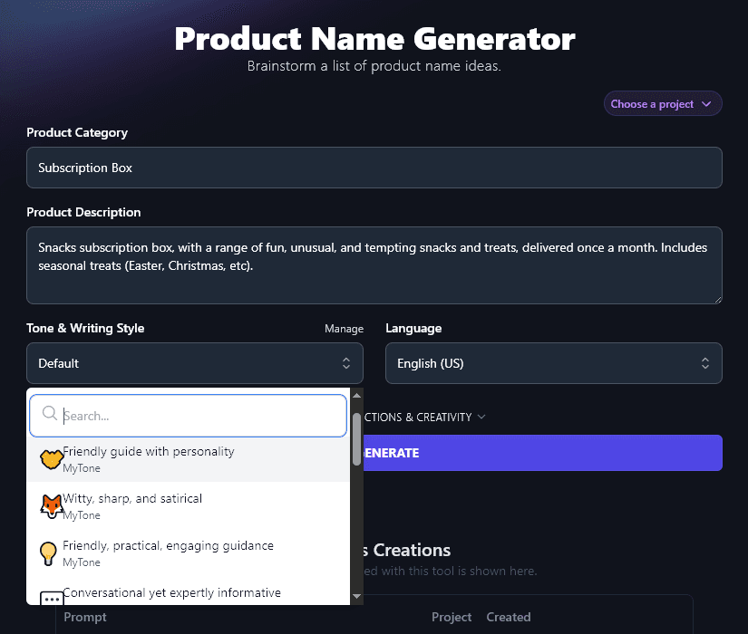 Selecting a Custom MyTone from the Product Name Generator's Tone & Writing Style Dropdown