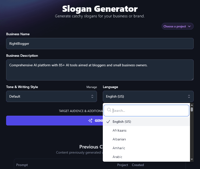 Choose Your Language for the AI Slogan Tool
