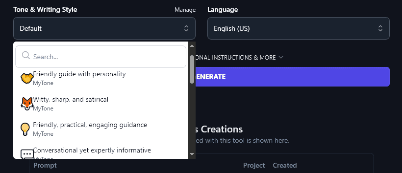 Selecting a MyTone from the Tone & Writing Style Dropdown