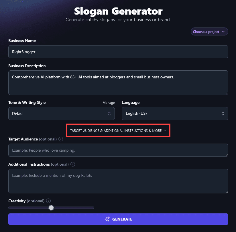 Opening the Advanced Options for the AI Slogan Tool by Clicking the Target Audience & Additional Instructions & More Link