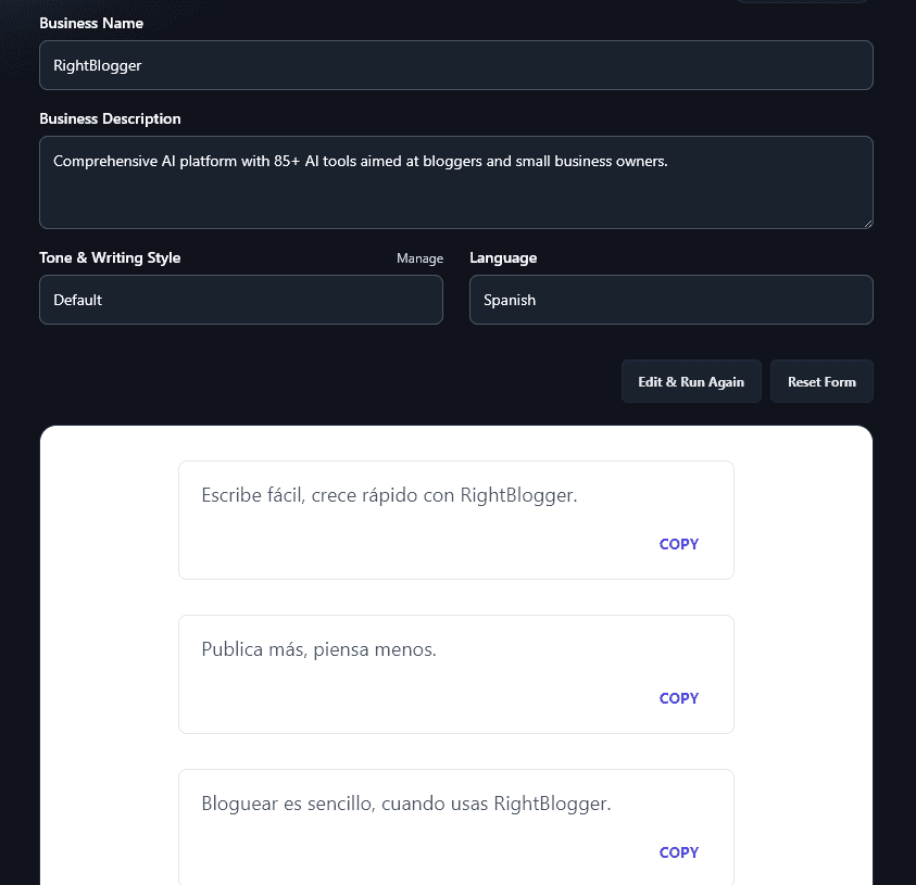Slogans Created in Spanish by the AI Slogan Generator