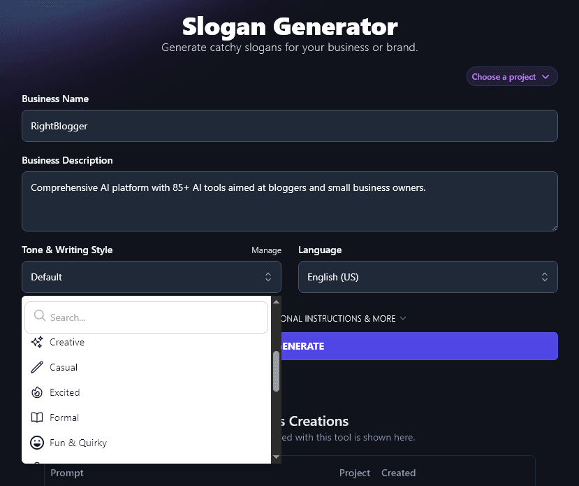 Select Your Tone & Writing Style for the AI Slogan Generator