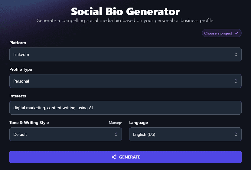 Entering Your Interests for the AI Social Media Bio Generator