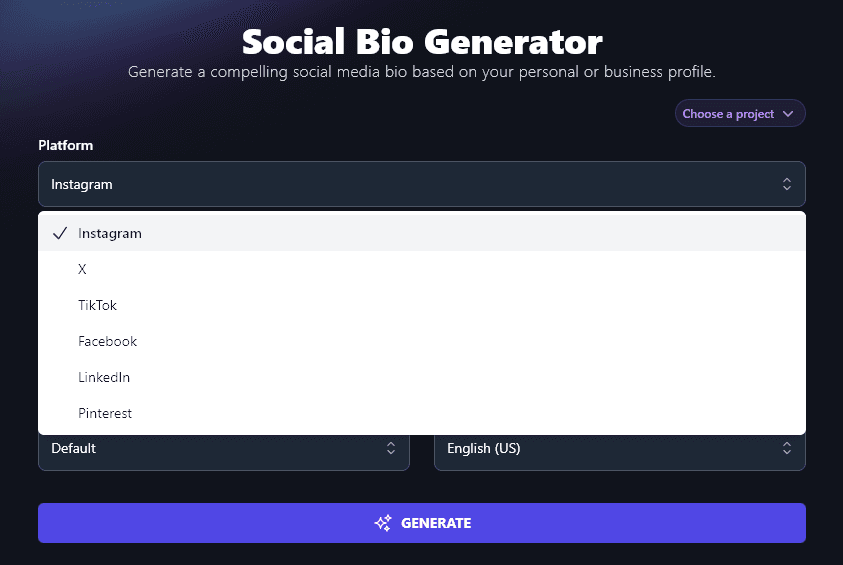 Selecting a Social Media Platform in the AI Social Media Bio Generator