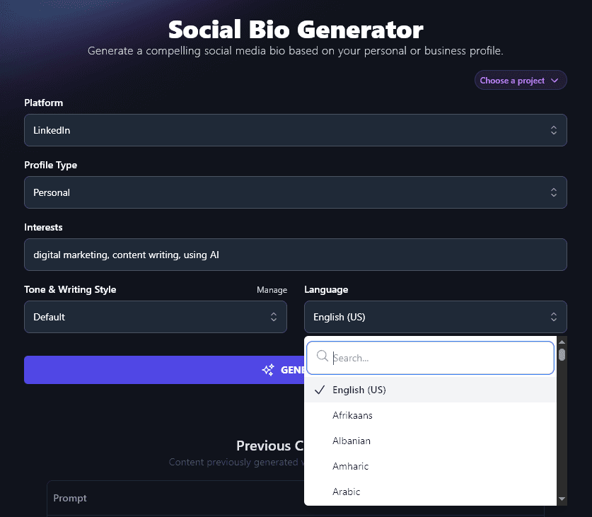 Choosing Your Preferred Language for the AI Social Media Bio Generator's Output