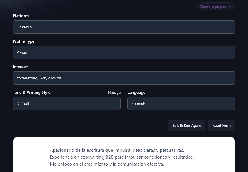 A Social Media Bio Produced in Spanish by the AI Social Bio Generator Tool