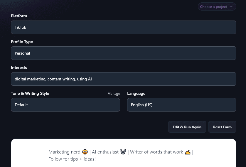 An Example of a TikTok Bio (With Emojis) Created By the Social Media Bio Generator