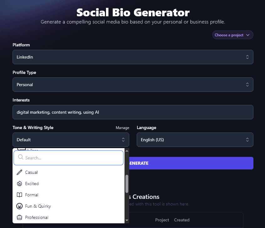 Selecting a Tone & Writing Style for the AI Social Media Bio Generator's Output