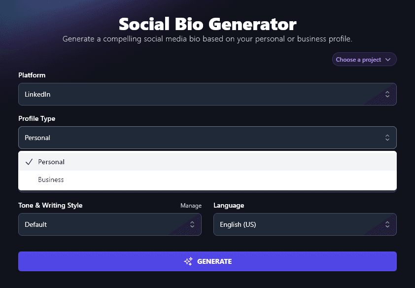 Choosing Your Profile Type in the AI Social Media Bio Generator